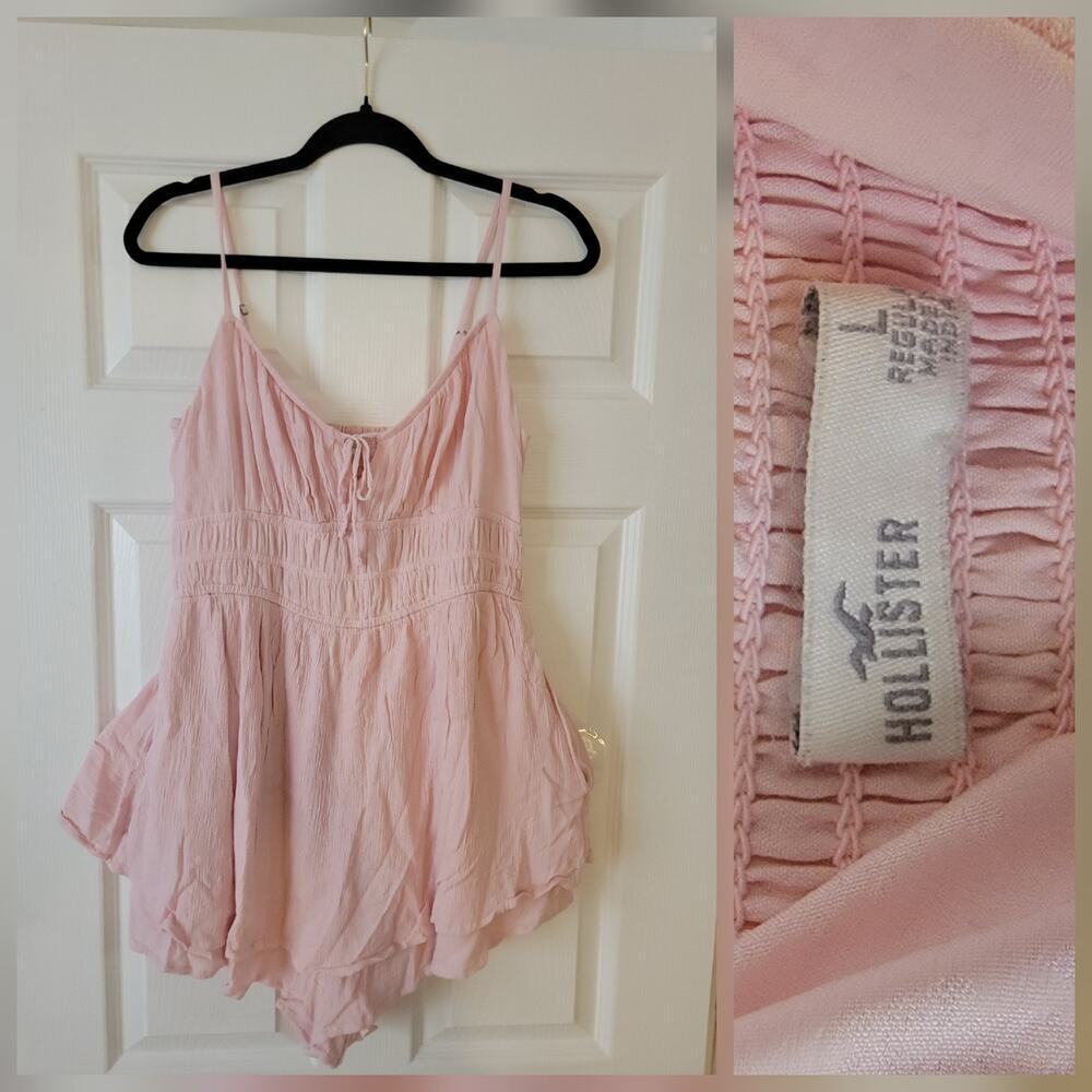 Hollister Channeled Babydoll Romper SZ Large Layered Lined Dusty Pink Smaocked